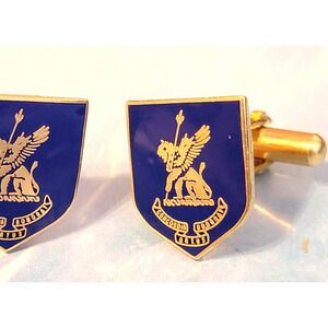 Vintage Heraldic Lion Blue Enamel Gold-tone Cufflinks London Badge & Button .75"